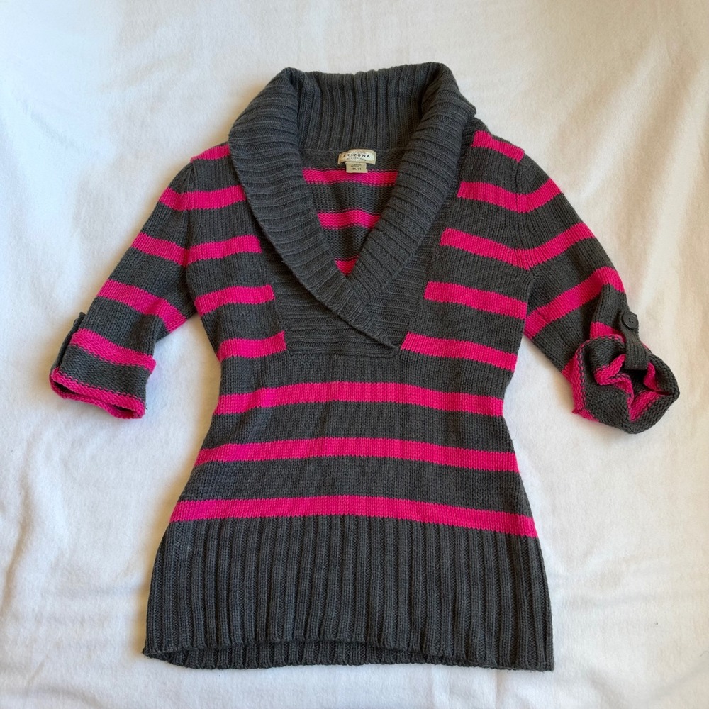 Y2k Arizona Jean Co Pink Grey Striped Shawl Collar Sweater Womens Medium